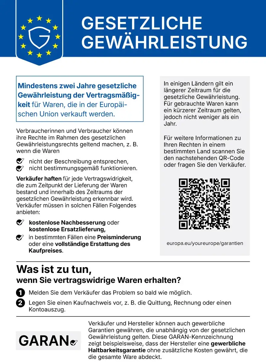Harmonisierter Hinweis zur gesetzlichen Gewährleistung